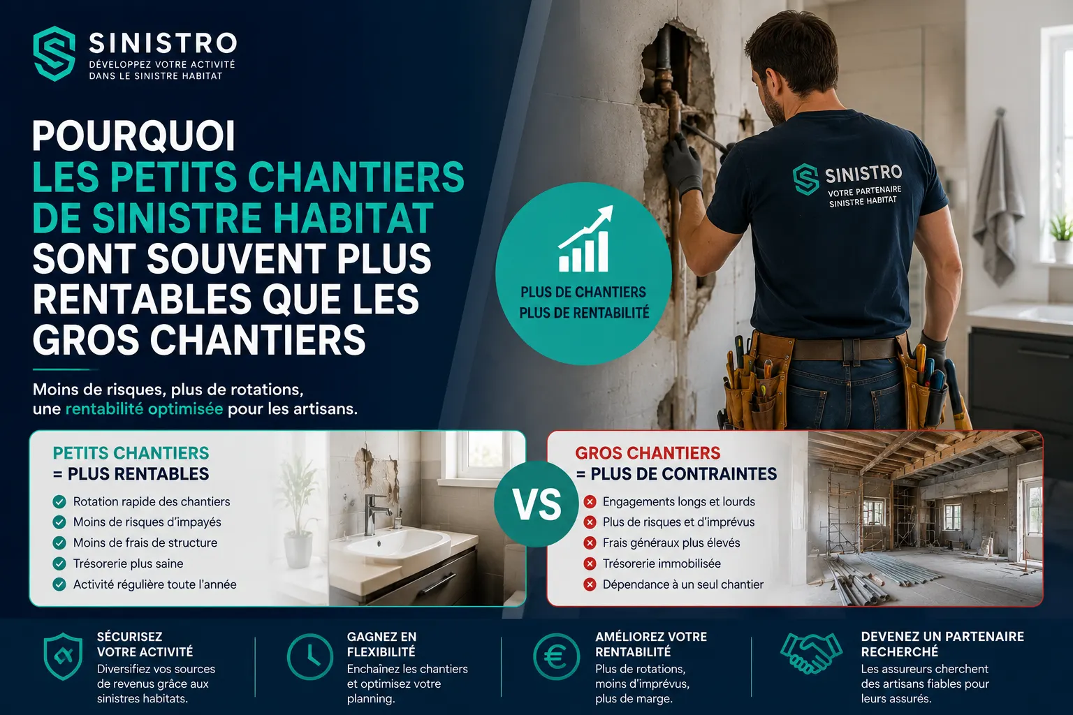 Pourquoi les petits chantiers de sinistre habitat sont souvent plus rentables que les gros chantiers — guide Sinistro